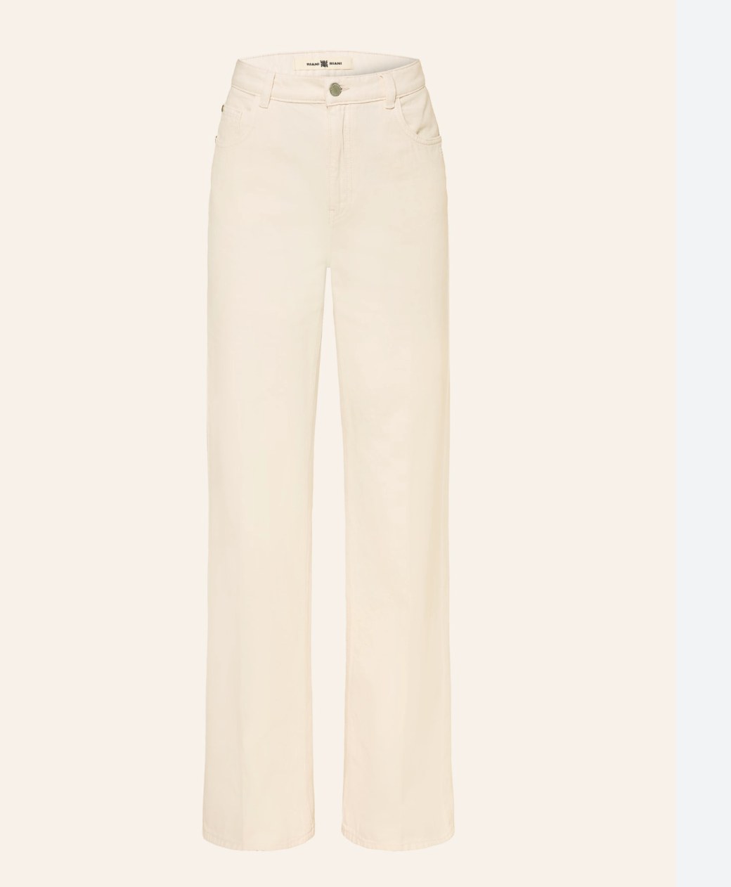 Woman wearing light blue wide leg mid-rise trouser jeans with raw hem, styled with woven sandals and a cream top